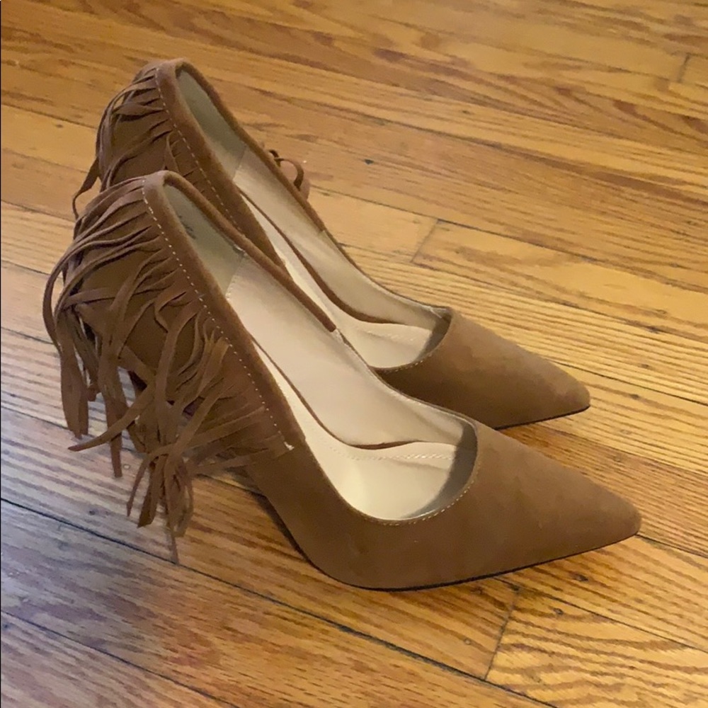Brown faux suede heel with fringes on the back